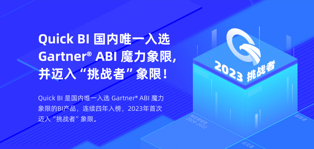 Quick BI連續4年且國內唯一入選Gartner ABI魔力象限，并成功躍升至挑戰者象限